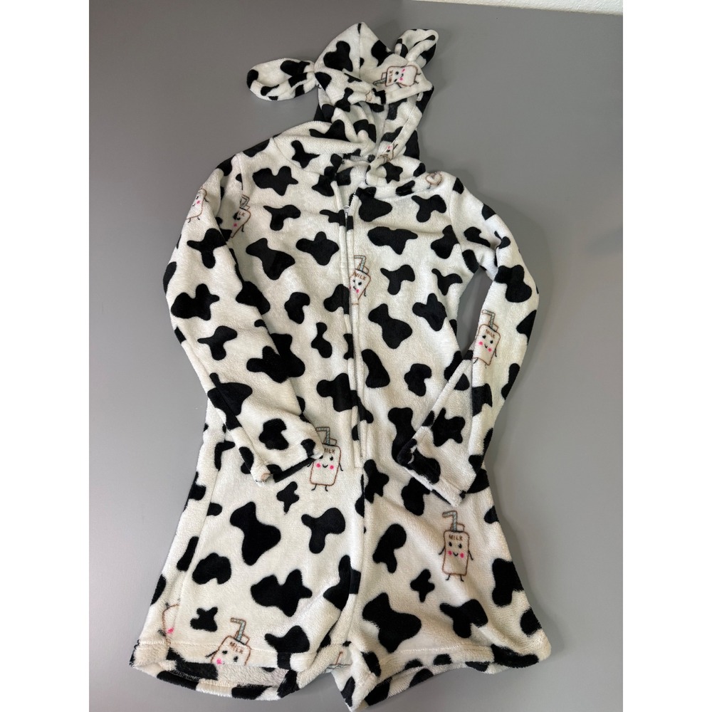 Cow Print Hooded Fleece Romper Milk Carton Graphic Black White Ears Size M